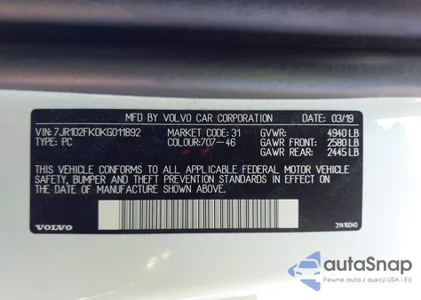 2019 Volvo S60 T5 Momentum z USA, uszkodzony, nr VIN 7JR102FK0KG011892